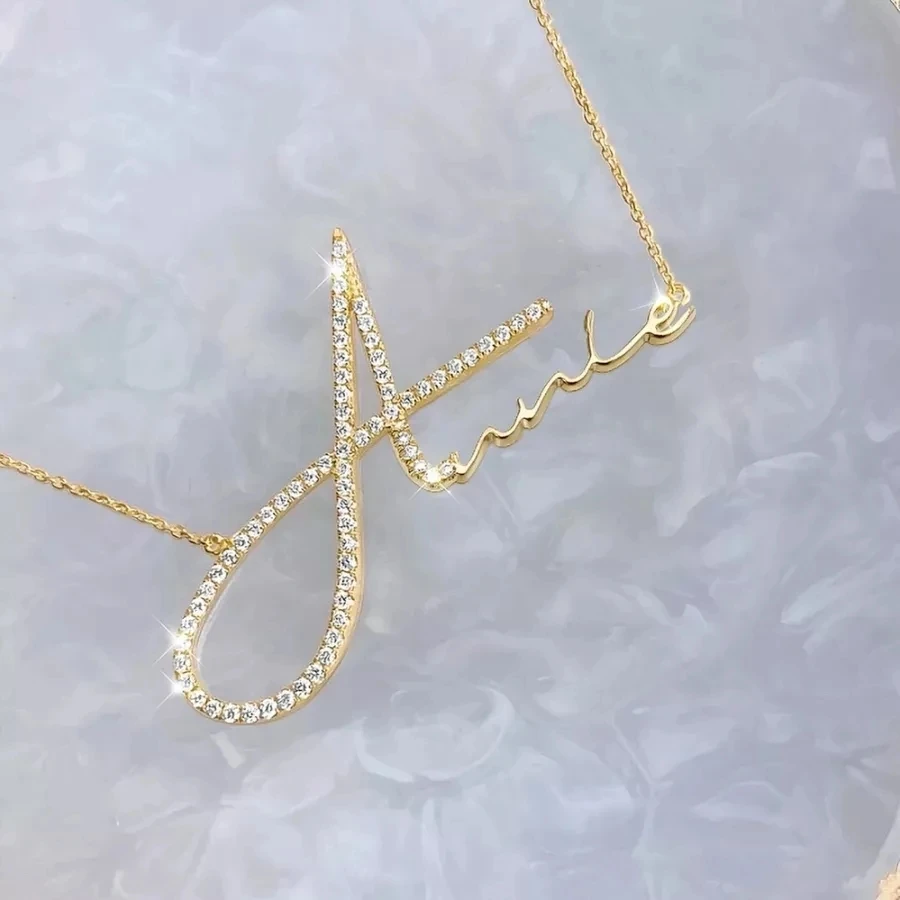 

Signature Font Name Necklace Gold Stainless Steel Pendant Personalized Handmade Custom Jewerly Crystal Letter Gift For Women