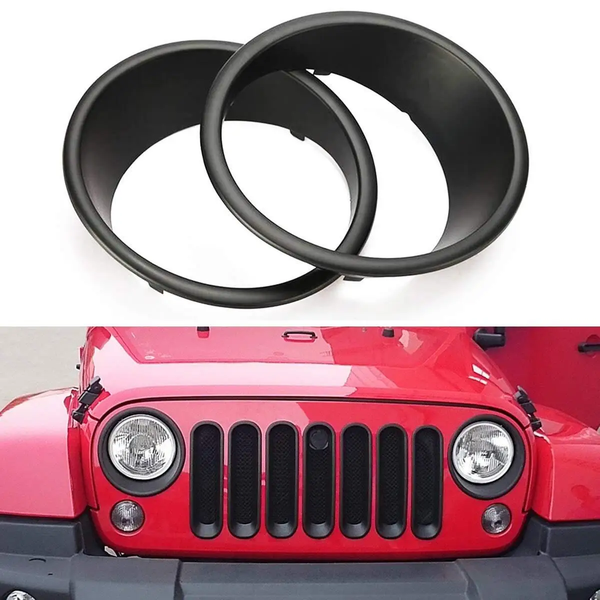 

2Pcs Front Matte Black Headlight Trim Cover Bezels For 2007-2018 Jeep Wrangler JK JKU ABS