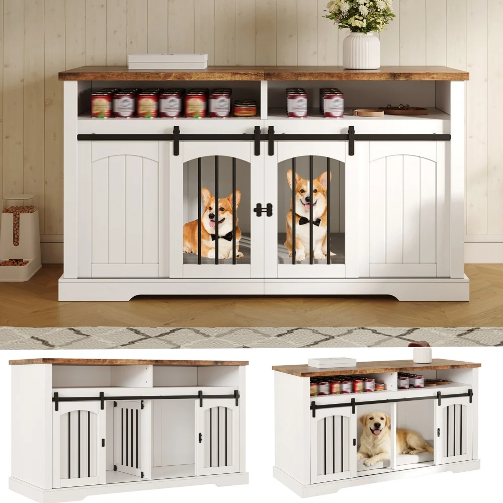 Hondenkast voor binnengebruik, tv-meubel 160x60x75cm, metalen & MDF hondenkooi voor twee honden, vaste scheidingswand & schuifdeur, wit huisdiermeubel voor huishoudelijk gebruik