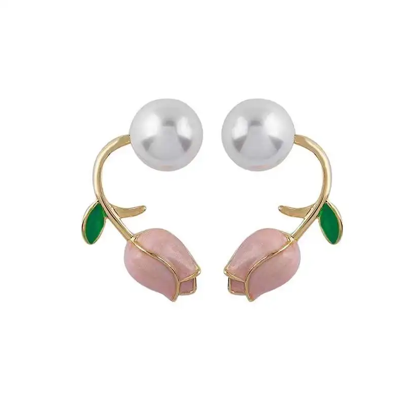 Französische Luxuriöse Rosa Tulpenblüten-Perlen-Ohrstecker für Damen, Koreanische Zirkon-Ohrringe, Exquisiter Schmuck für Party und Weihnachten – Detail 7