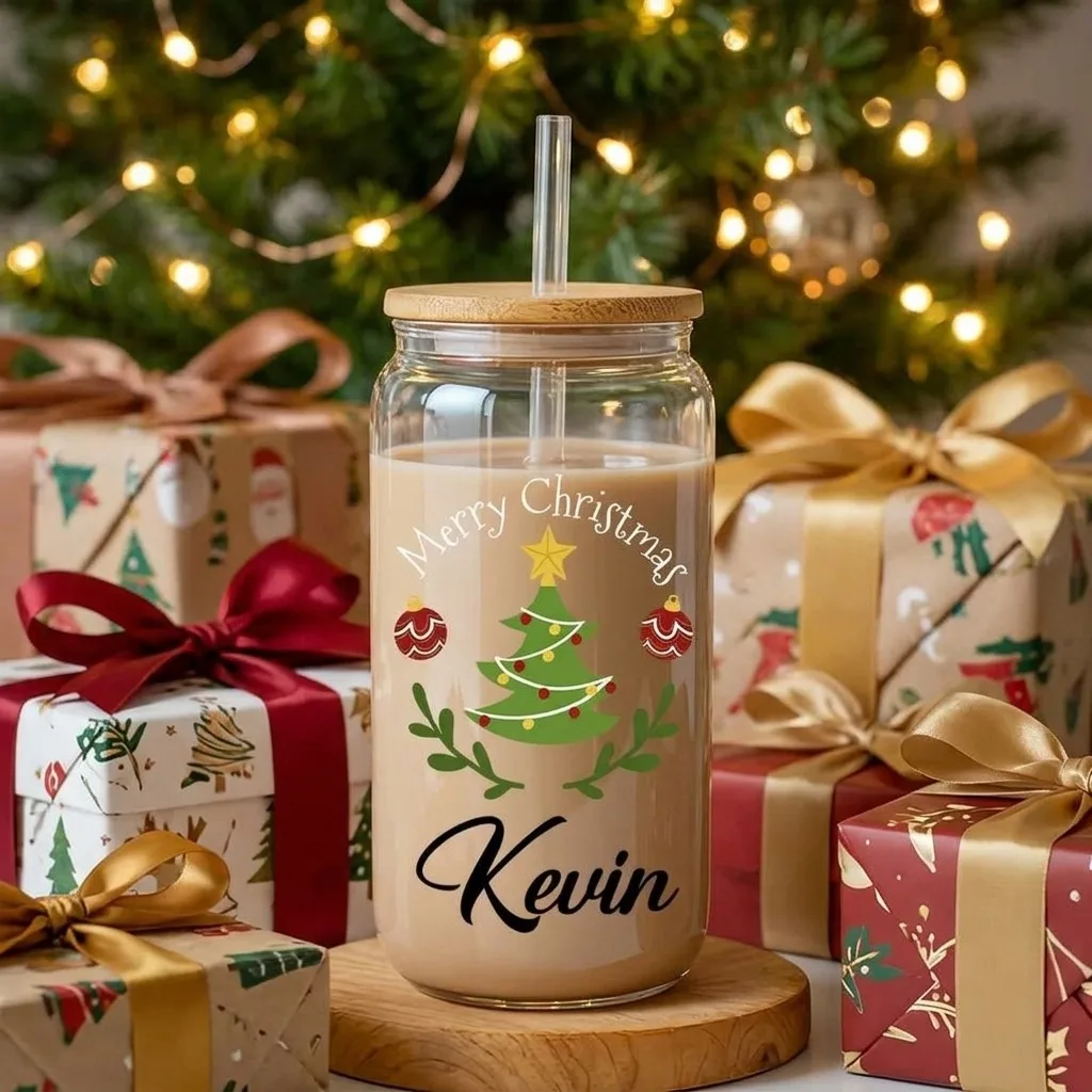 2026 New Custom Name Christmas Tree 16oz Glass Can Tumbler with Bamboo Lid & Straw Personalized Xmas Gift for Coffee Tea Lovers.