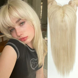 Blonde Human Hair Toppers with Bangs Straight Hair Pieces Extension Clip in Remy Human Hairpieces for Women Silk Base Toppers