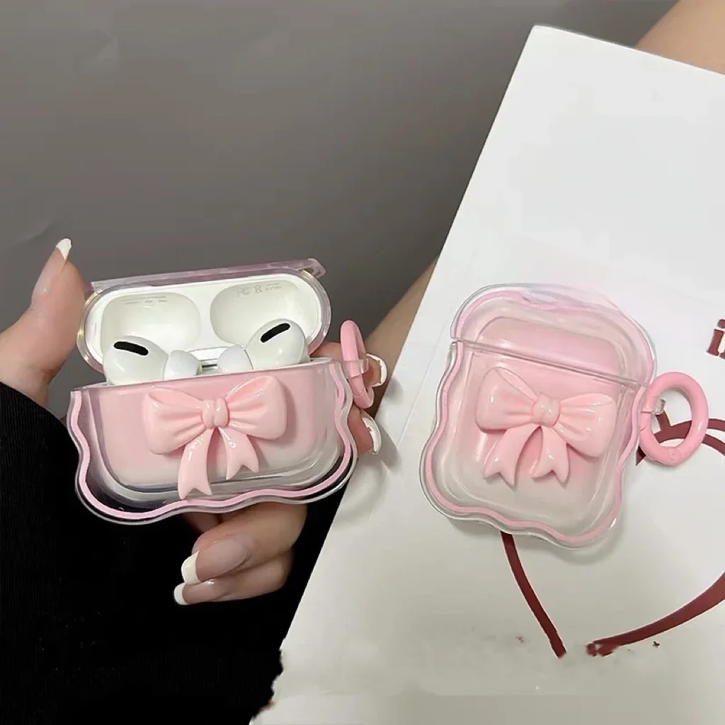 Étui AirPods 1 2 avec vague d'arc 3D, housse florale rose pour filles, boîte sans fil AirPods Pro avec porte-clés