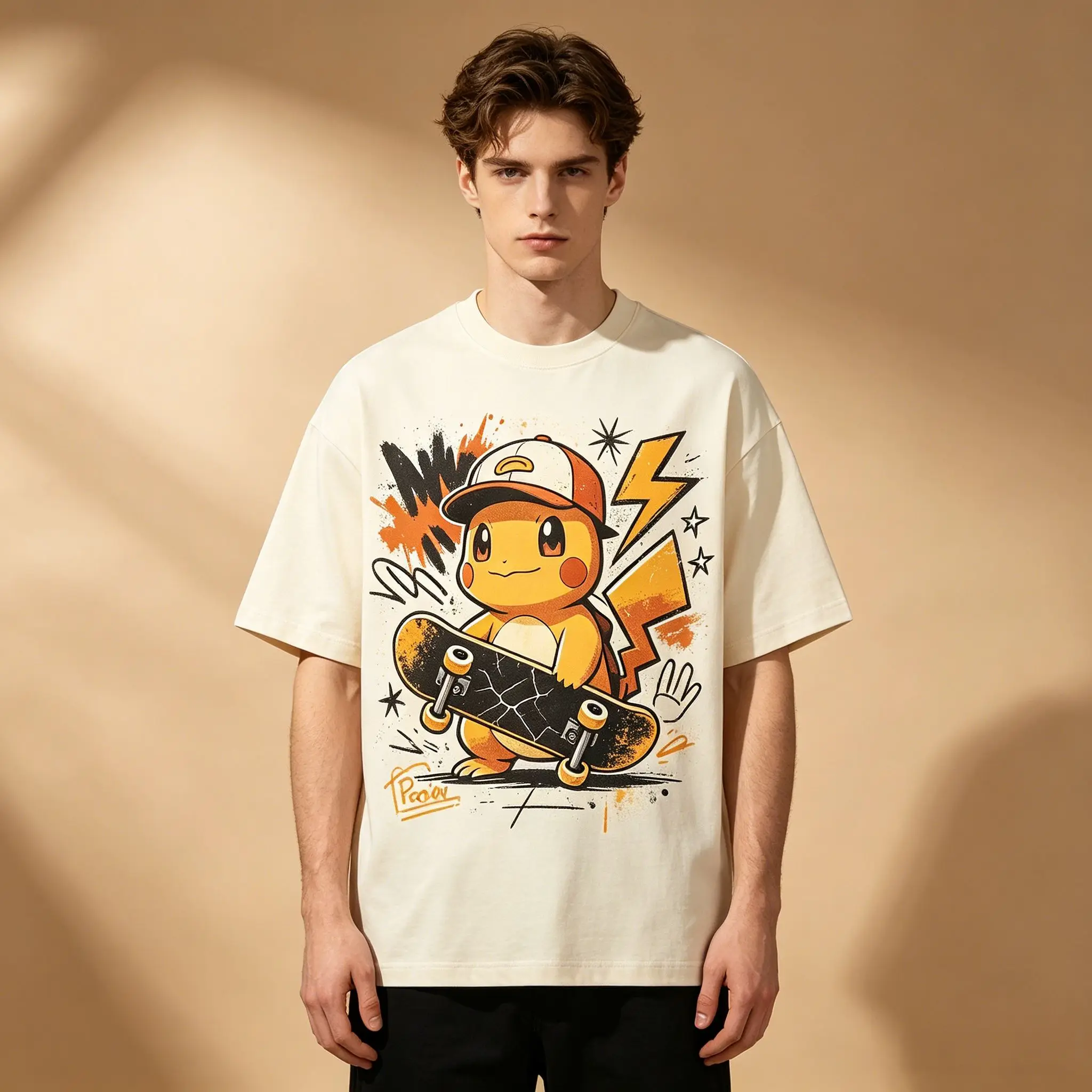 Men's Streetwear Graphic T-Shirt, Cream Beige Base Pokemon Skateboarding Pikachu Graffiti Splash Ink Print Soft Breathable Hip H
