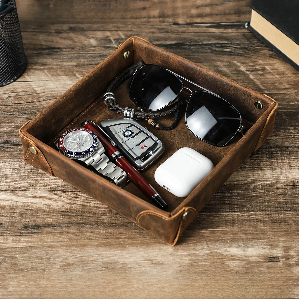 Prawdziwa skóra Retro taca Organizer na biurko na klucz biżuteria monety kabel pudełko do przechowywania kosmetyków Home Decoration — zdjęcie produktu 7