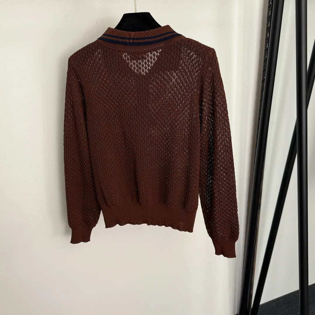 

New Winter 2025 Women's Letter-lapel Long-sleeved Hollowed-out Knitted Cardigan