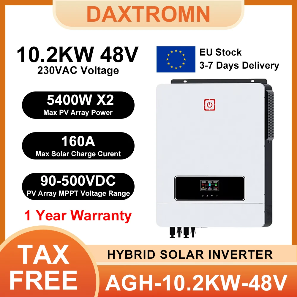 Daxtromn Onduleur Solaire Hybride 10.2KW 48V On/Off Grid 230VAC avec Contrôleur de Charge Solaire MPPT 160A Intégré et Double Entrée PV
