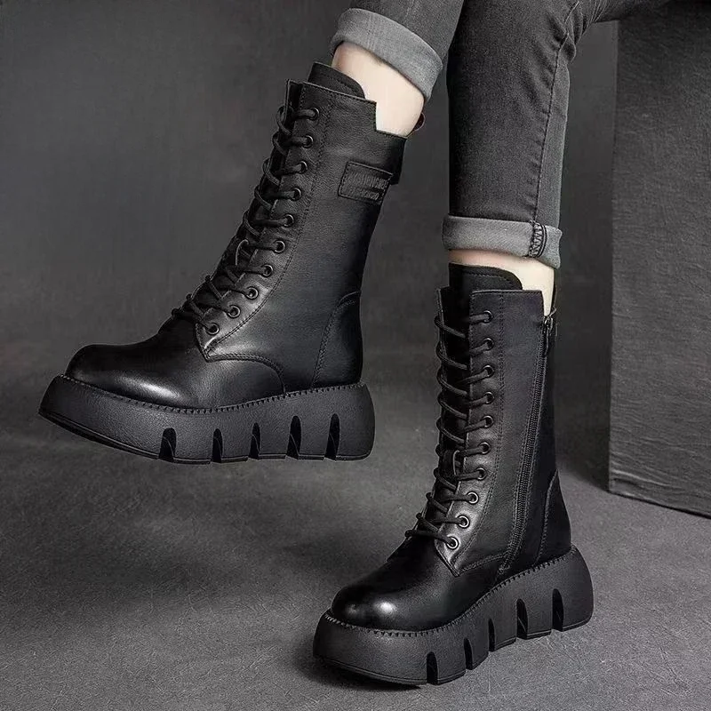 Winter Leder Damen stiefel kurze Plüsch Schneeschuhe mit mittlerem Absatz schnüren warme Lady
