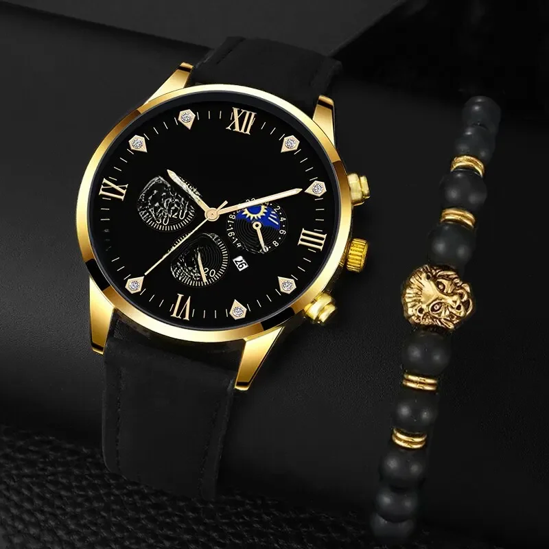 Ensemble de montres à quartz de luxe pour hommes, montre-bracelet, mode d'affaires décontractée, montre à calendrier à pointeur rond, 2 pièces