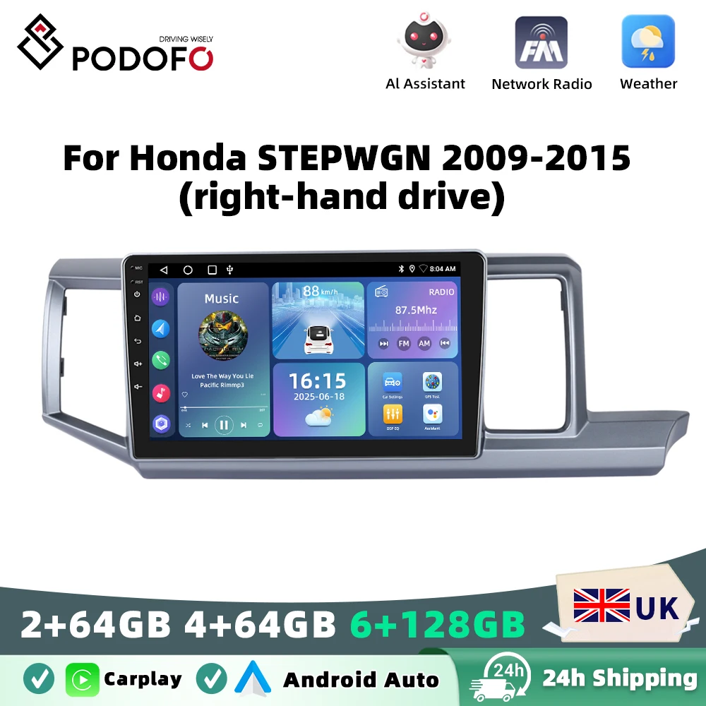 Podofo Android Car Radio For Honda STEPWGN 2009-2015 Android Auto Multimedia Player GPS Navigation RDS BT Head Unit