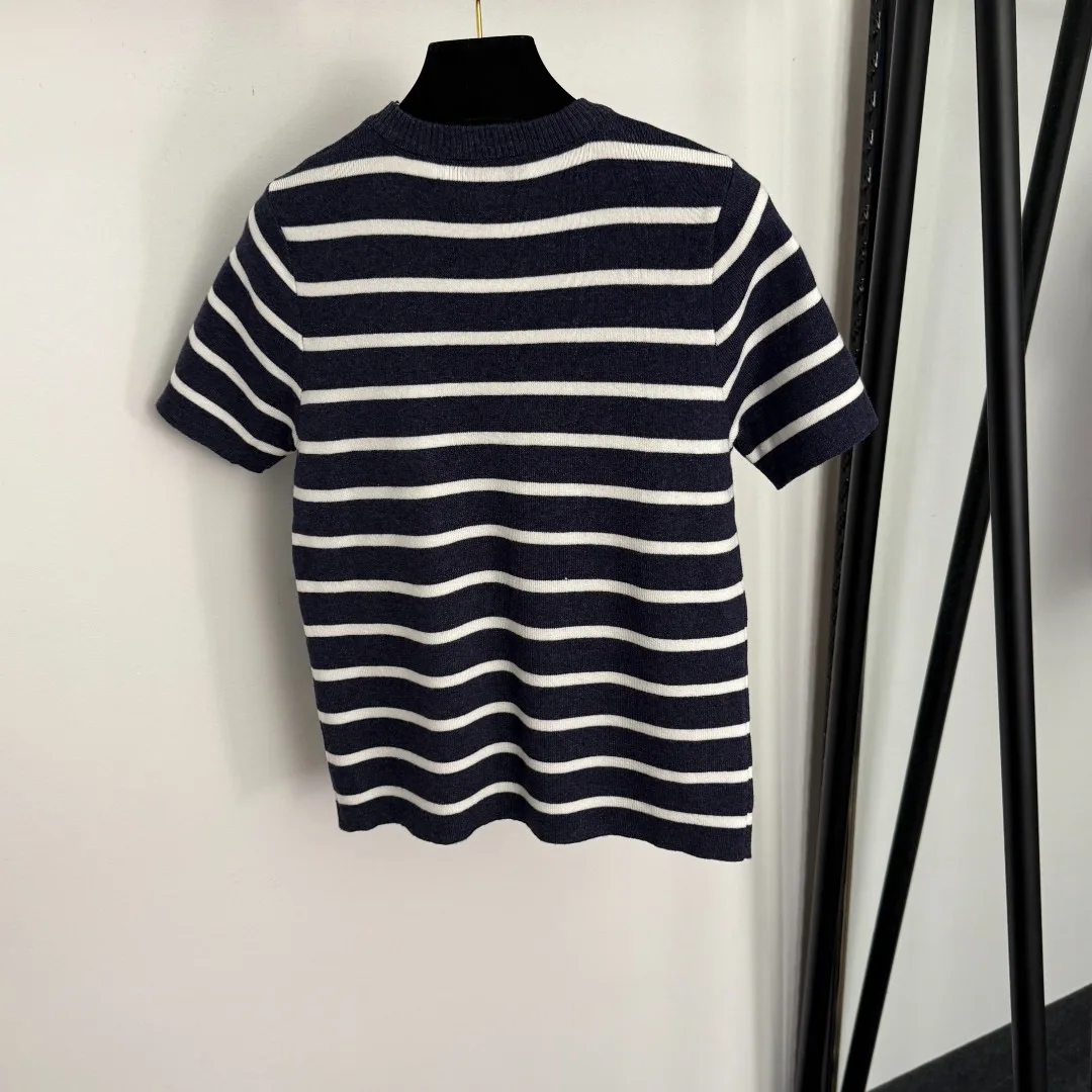

Women's Navy and White Striped Knitted Tee, Stylish & Comfortable Piece for Casual Looks