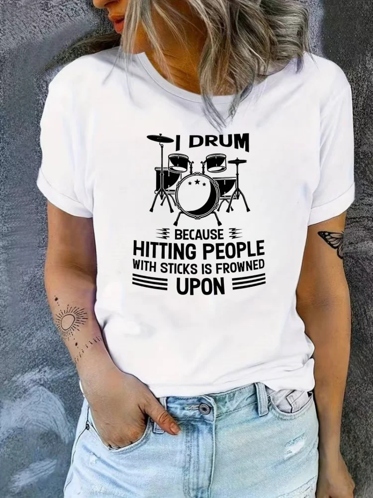 Drum Kit Print Crew Neck T-Shirt Casual Short Sleeve T-Shirt For Spring  Summer Women\'s Clothing