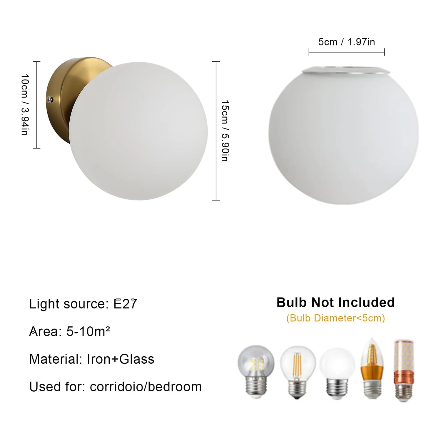 Wandlamp voor binnen, bolvormige wandlamp, E27 fitting, moderne decoratieve wandlampen voor slaapkamer, trap, gang (lampen niet inbegrepen)