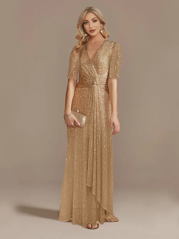 

Floor Length V-Neck Evening Dress Women Elegant Party Maxi Dress Sequin Short Sleeves Prom Cocktail Dress