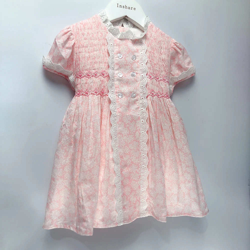 Children Boutique Clothing Summer Girls Puff Sleeves Spain Handmade Smoked Pink Floral Cotton Eid Dress Princess Pretty Skirt