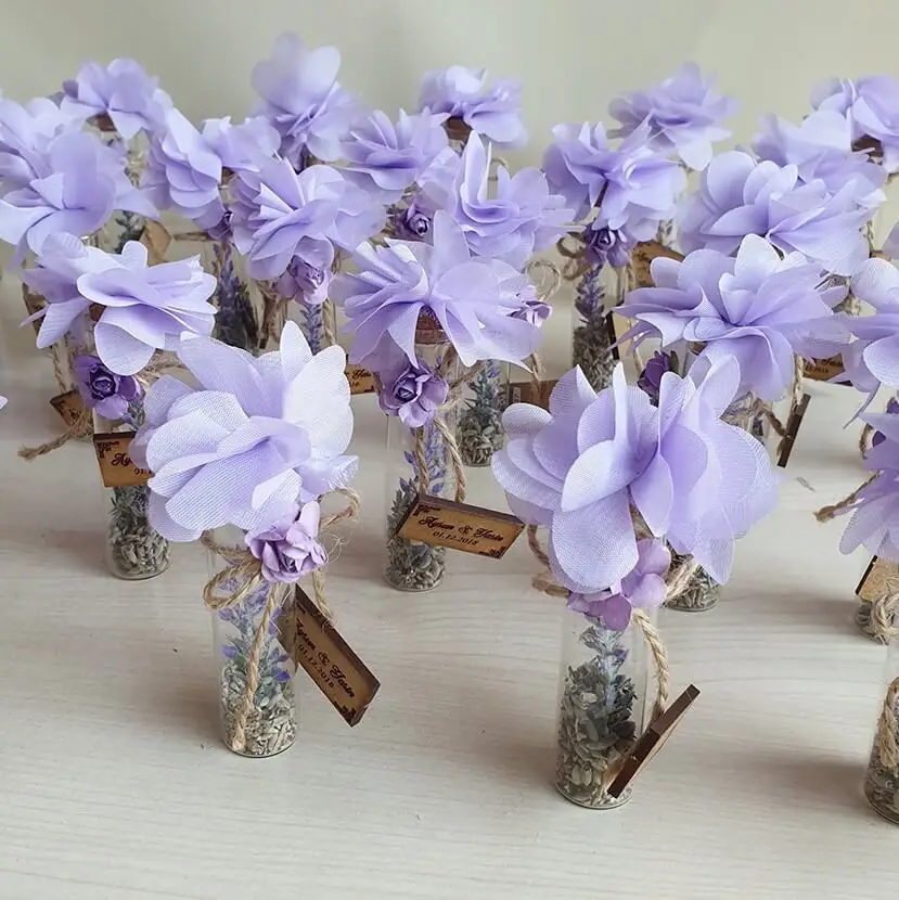 50 Set of Mini Lavender Bottles with Cork Stoppers & Personalized Name Tag as Wedding Favors