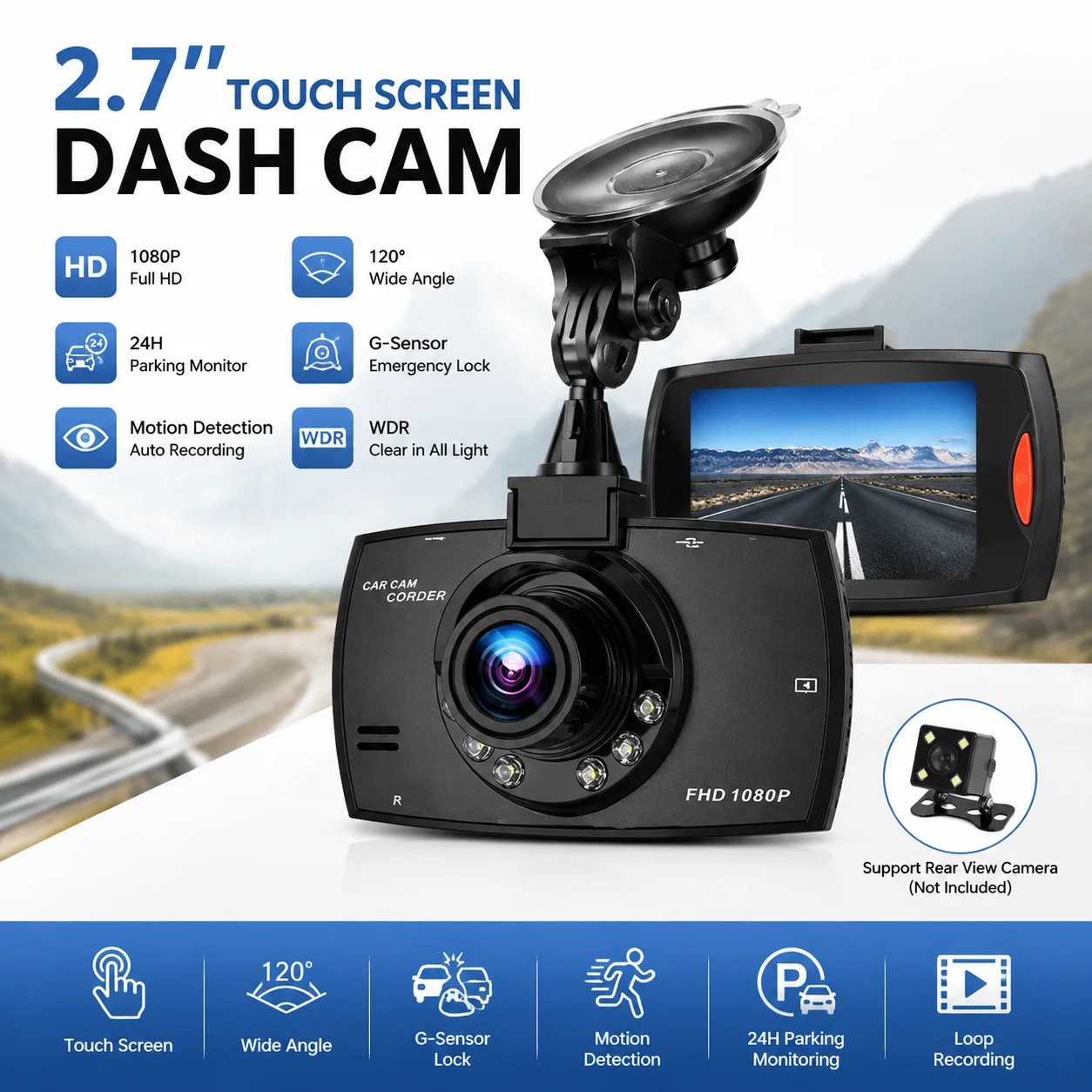 Image of 2,7" Touchscreen-Dashcam 1080P Full HD Autokamera – 120 ° Weitwinkel – Nachtsicht – 24-Stunden-Parküberwachung – G-Sensor – Bewegungserkennung – Schleifenaufnahme