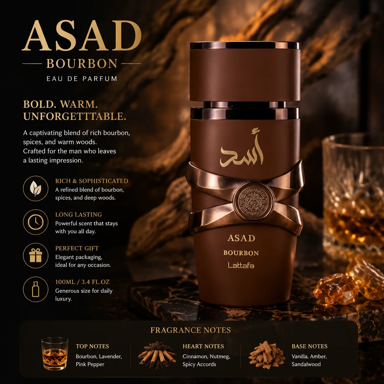 Lattafa Asad Bourbon Eau De Parfum Spray 100ml Unisex Long-Lasting Oriental Spicy Scent for Men and Women