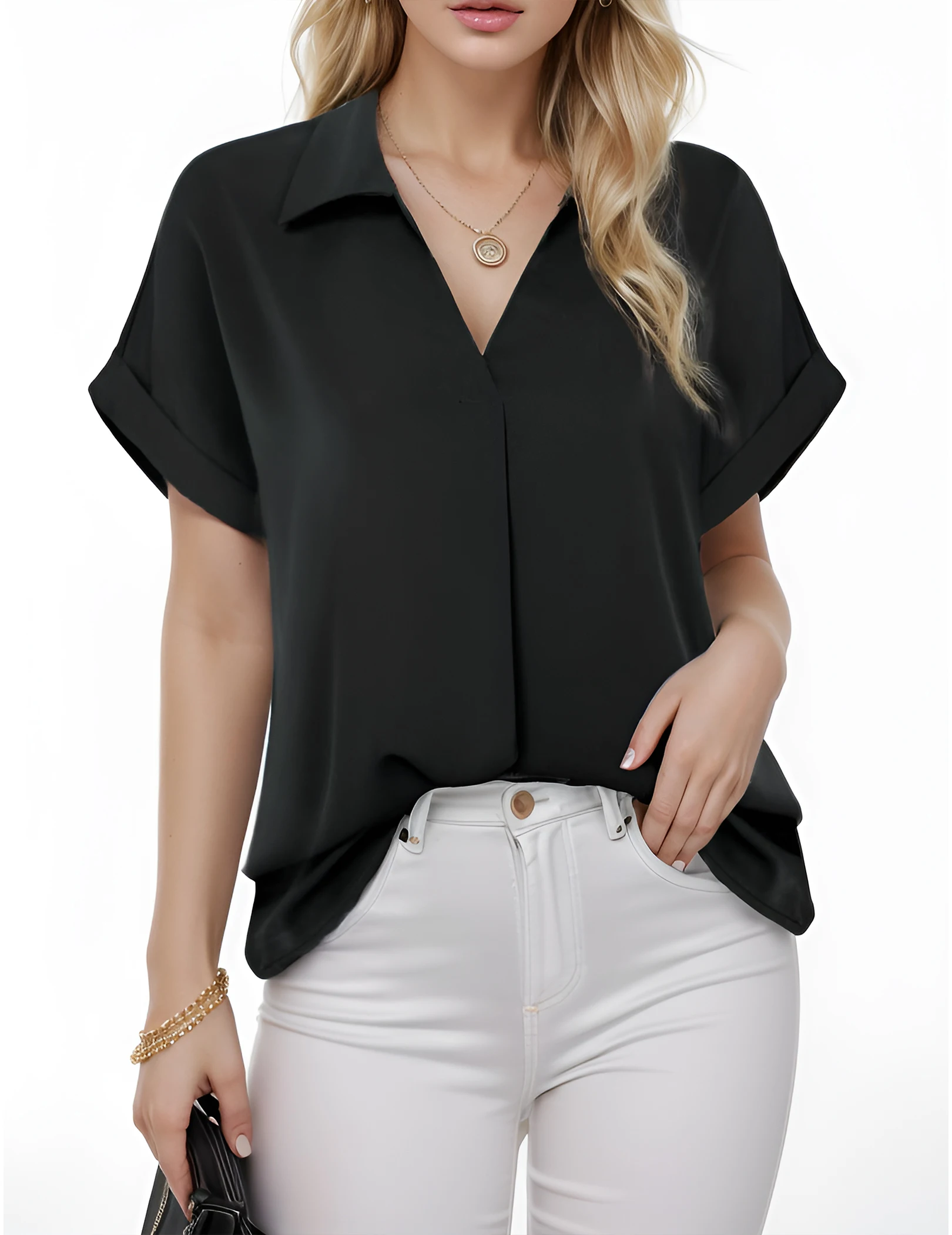 블라우스 여성용 쉬폰 반팔 - 우아한 브이넥 파티 의상용 튜닉 여성용 블라우스 여름