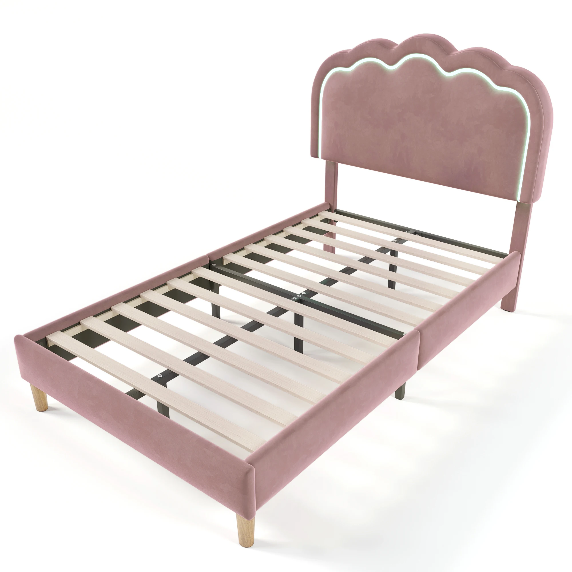 Kussenbed LED eenpersoonsbed bedframe met lattenbodem en verstelbaar hoofdeinde gewatteerd bed bedframe jeugdbed Fluweel