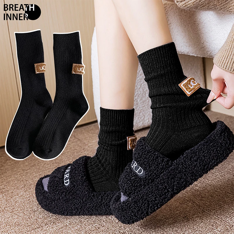 

Girls Winter Wool Socks Women Cashmere Warm Thick Line Mid Tube Socks Fashion Furry Heel Label Color Snow Boot Socks