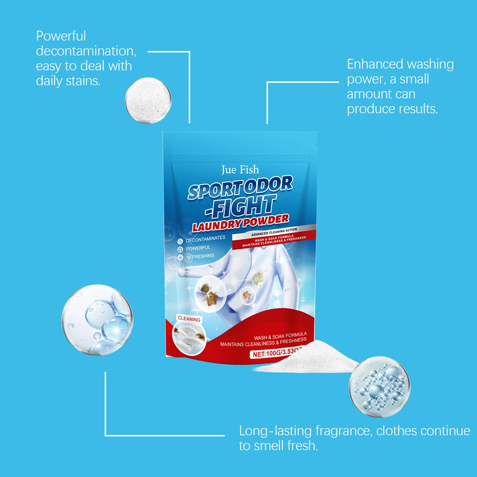 JUE FISH Laundry Washing Powder Gentle Stain Remover Fresh Scent Powerful Cleaning Oil Stain Low Foam Easy To Rinse Protect Color view 4