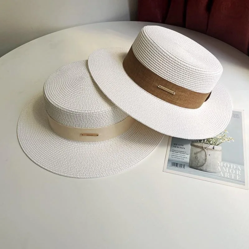 Luxury Minimalist Wide Brim Sun Hat Summer Travel Flat Top Straw Hat Breathable Sunscreen Beach Fedora Cap for Unisex Party Hat