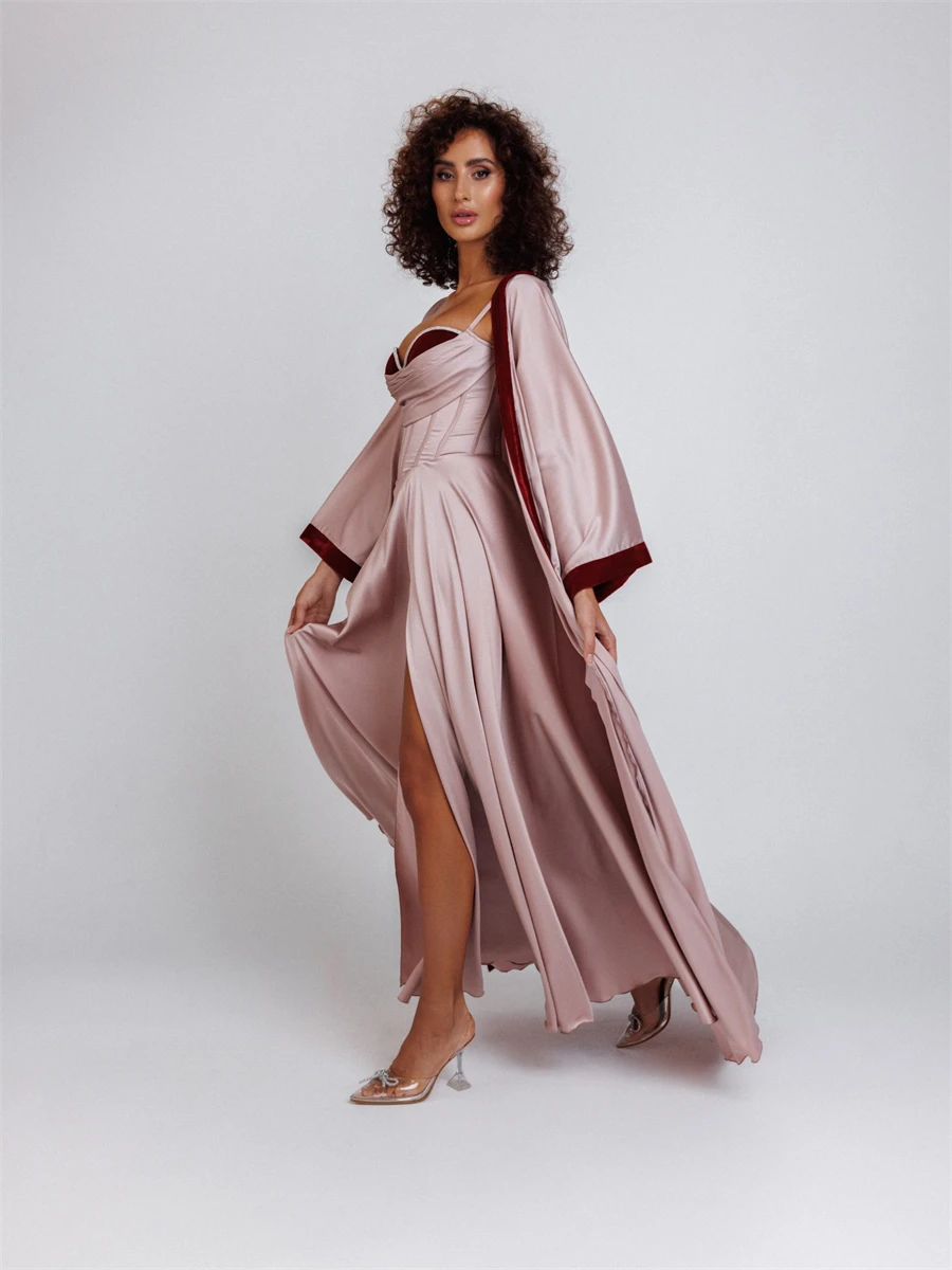 Two Pieces Suit Customized Satin Bride Robe For Wedding Flare Sleeves Front Slit Bridal Shower Dress Women Night Gwon Customized