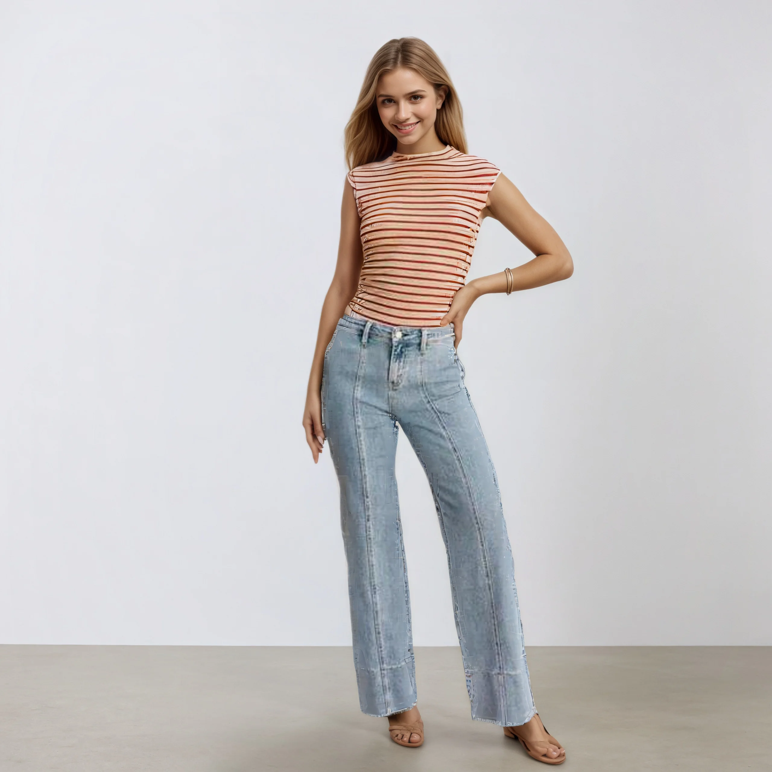 بنطال جينز نسائي واسع الساق عالي الخصر مستقيم الساق قابل للتمدد مع جيوب