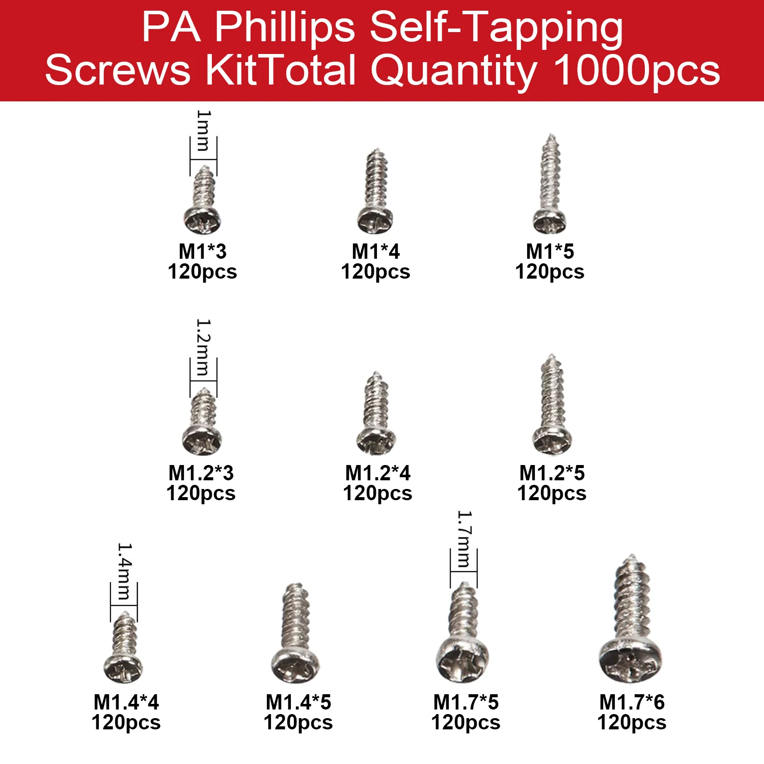 VKKM 1200Pcs Micro Self Tapping Screws Kit, M1 M1.2 M1.4 M1.7 Mini Phillips Screws Assortment, Small Electronics Screws for Watch Repair Laptop Glasses DIY