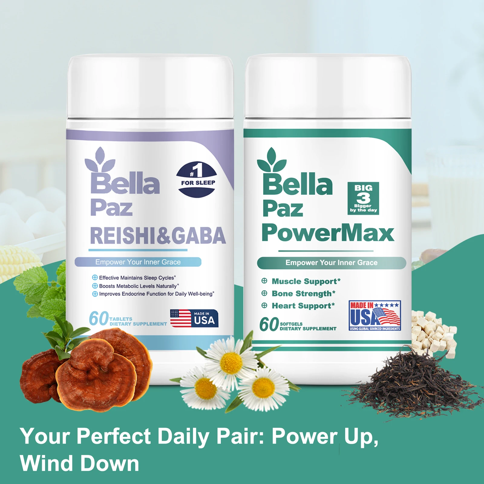 Bellapaz Reishi + Omega Power Duo: 24/7 Wellness para recuperación de energía diurna y nocturna (2 botellas)