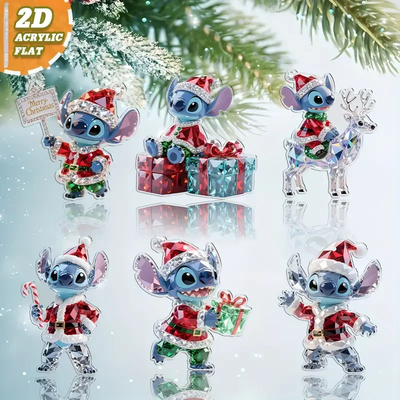 Ornements de dessus d'arbre de noël 6 pièces, ensemble plat 2D de 6 pièces d'ornements acryliques sur le thème de noël Lilo & Stitch, adapté au 2D