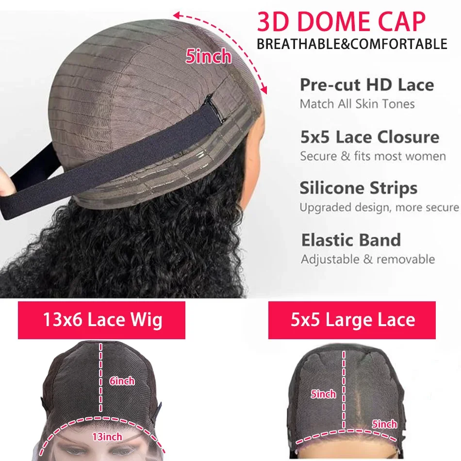 วิกผมแท้แบบไม่ต้องใช้กาว ขนาด 42 นิ้ว ความหนาแน่น 200% 5x5  แบบลอนลึก  วิกผมหน้าผากลูกไม้  วิกผมแท้แบบลอนหยิก x5  วิกผมหน้าผากลูกไม้