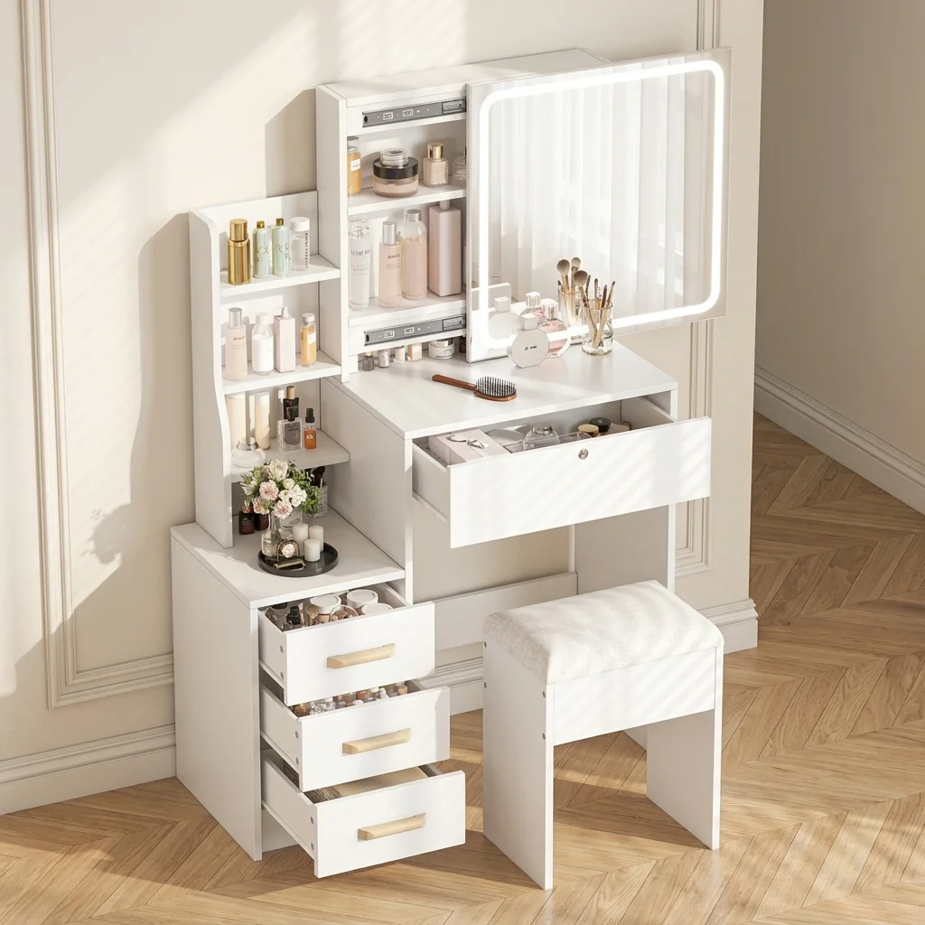 Anajqaqia Table de maquillage avec miroir, tiroirs, étagères de rangement et tabouret rembourré, coiffeuse moderne avec tiroir verrouillable pour la chambre à coucher