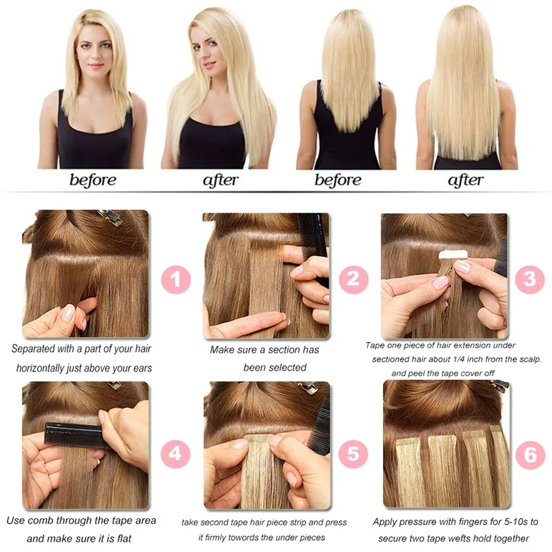 Rechte Tape in Hair Extensions Echt haar 100% Remy Echt haar Tape in haar Naadloze huid Natuurlijke zwarte tape-ins voor dames