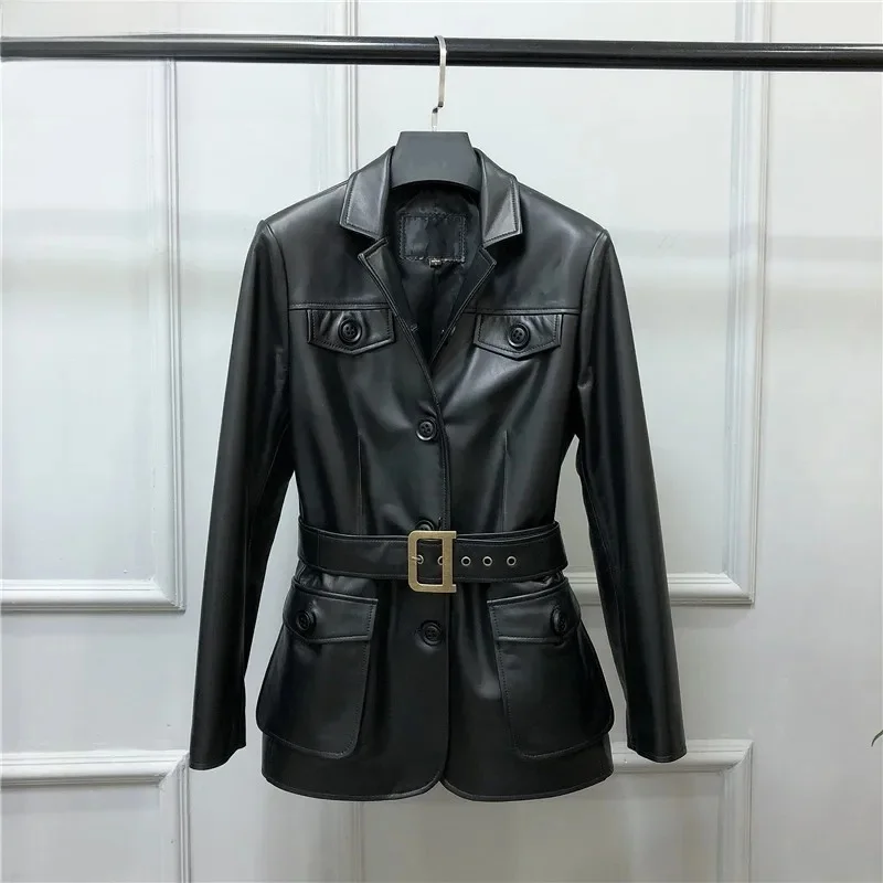 100% kurtka z prawdziwej skóry kobiet Punk krótki płaszcz kieszeń motocyklowa Slim Fit szarfy wiatrówki biuro klasyczna odzież wierzchnia z owczej skóry — zdjęcie 2