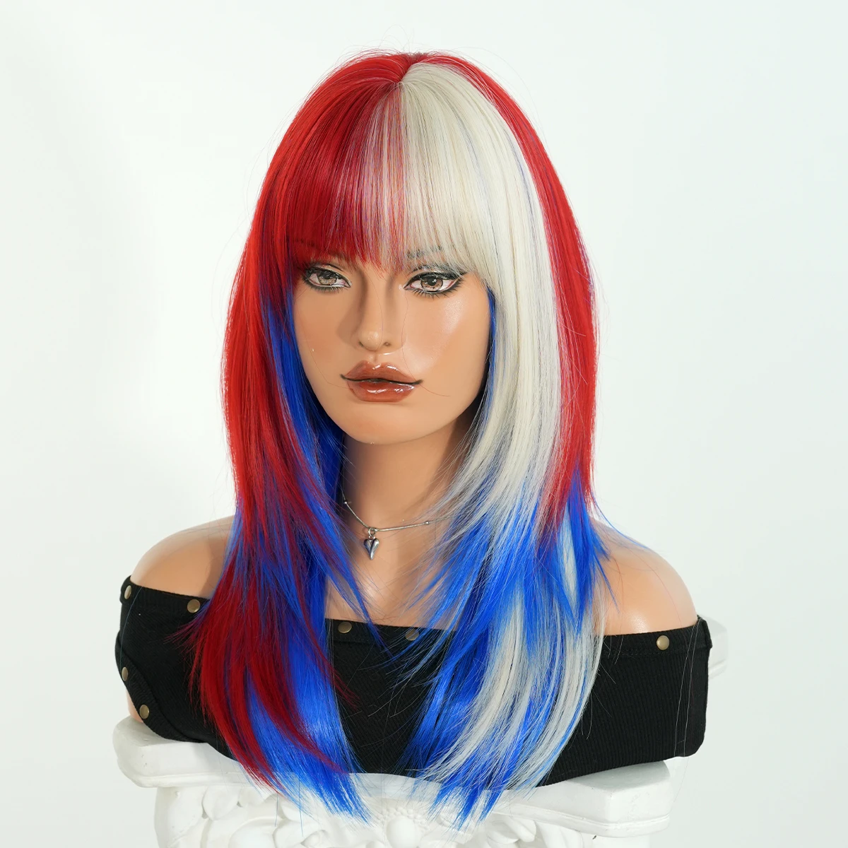 World Cup Wig Shoulder Length Straight Red Ombre Blue Wig for Women Synthetic Football Fan Hair Soccer Party Wigs with Neat Bang - view 3