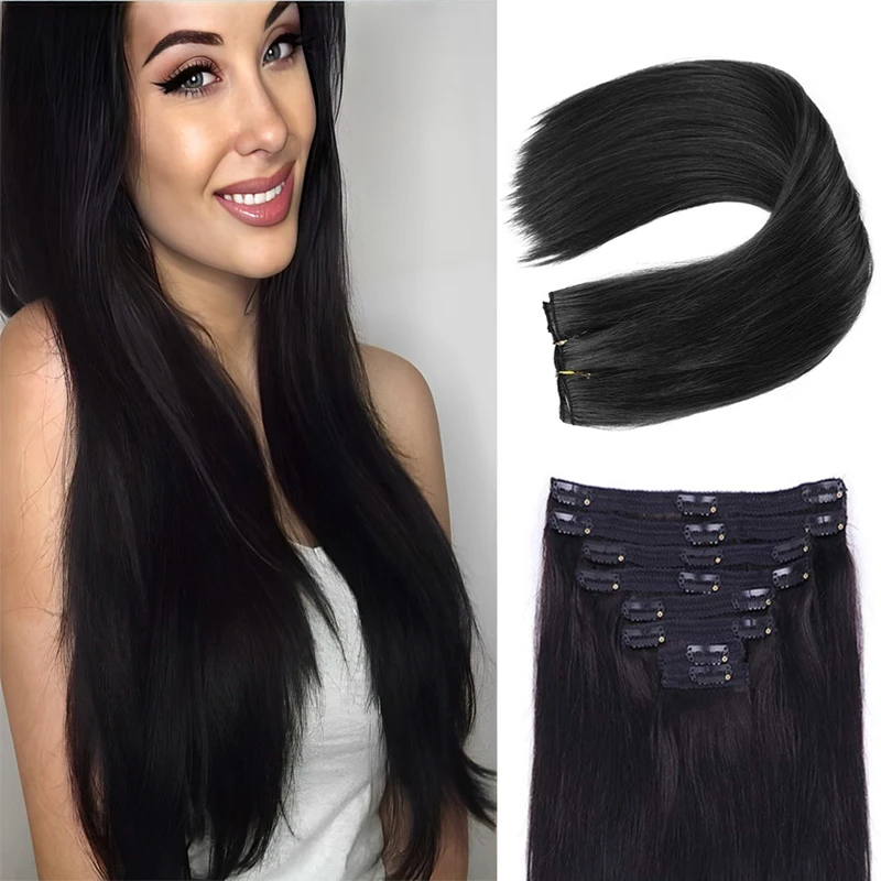 Extensiones de cabello con Clip, cabello humano Real, extensión de cabello humano Remy con Clip para mujeres, cabello humano liso Natural 1B, negro Natural