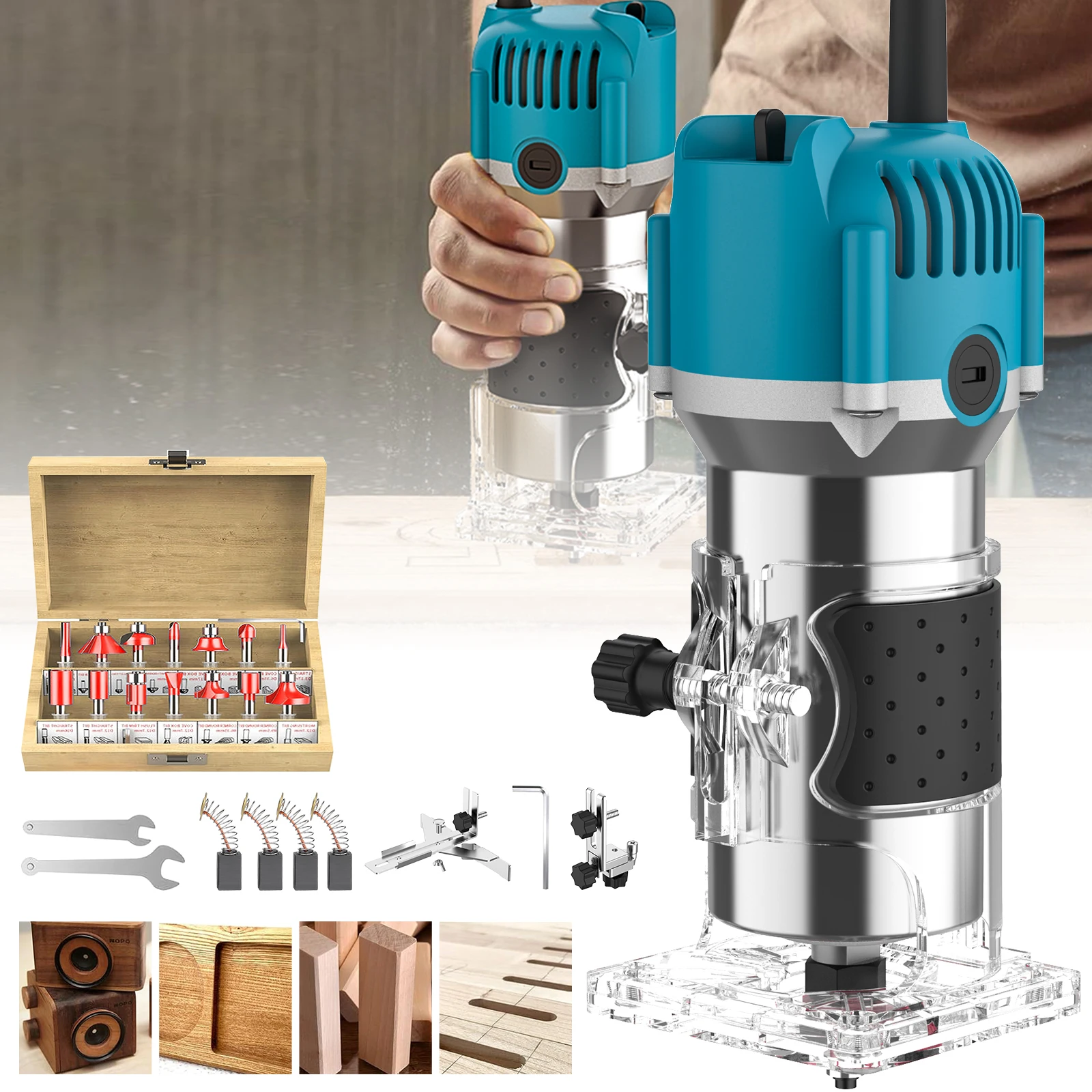 Routeur à bois électrique 800W, 30000 tr/min, Machine de découpage, routeur de bord en bois de 1/4 pouces avec foret, ensemble de 15 pièces