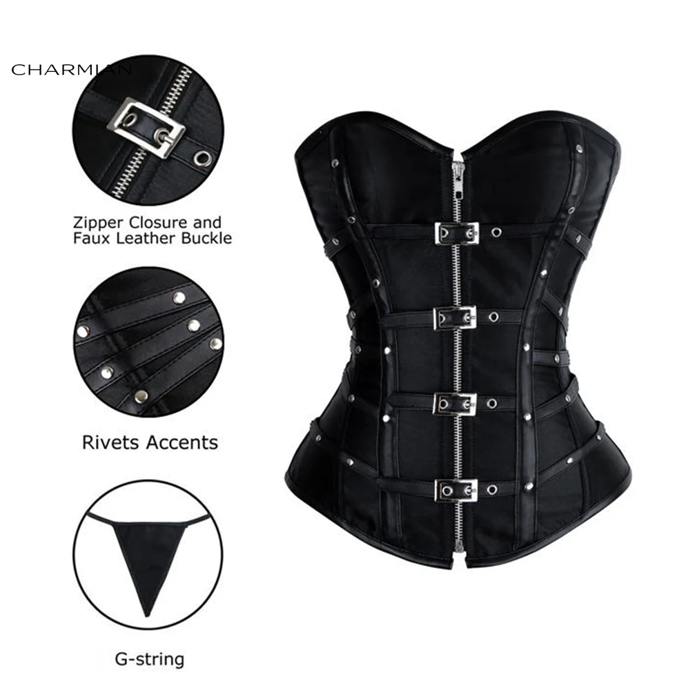 Charmian Steampunk Leather Corset Top Women\'s Sexy Gothic Satin Rivet Buckle Zipper Overbust Armored Corset Plus Size Bustier