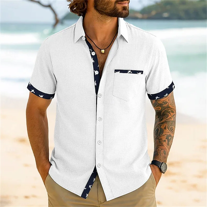 Men's shirt linen shirt summer shirt beach shirt plaid holiday casual white pink navy blue light blue