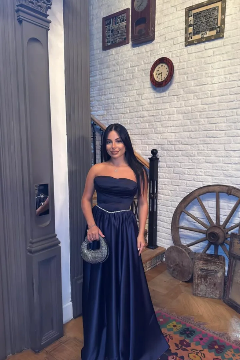 Jessica Dark Blue Satin Evening Dresses Elegant A-line Dress For Women Prom Dresses Formal Occasions Party Dresses