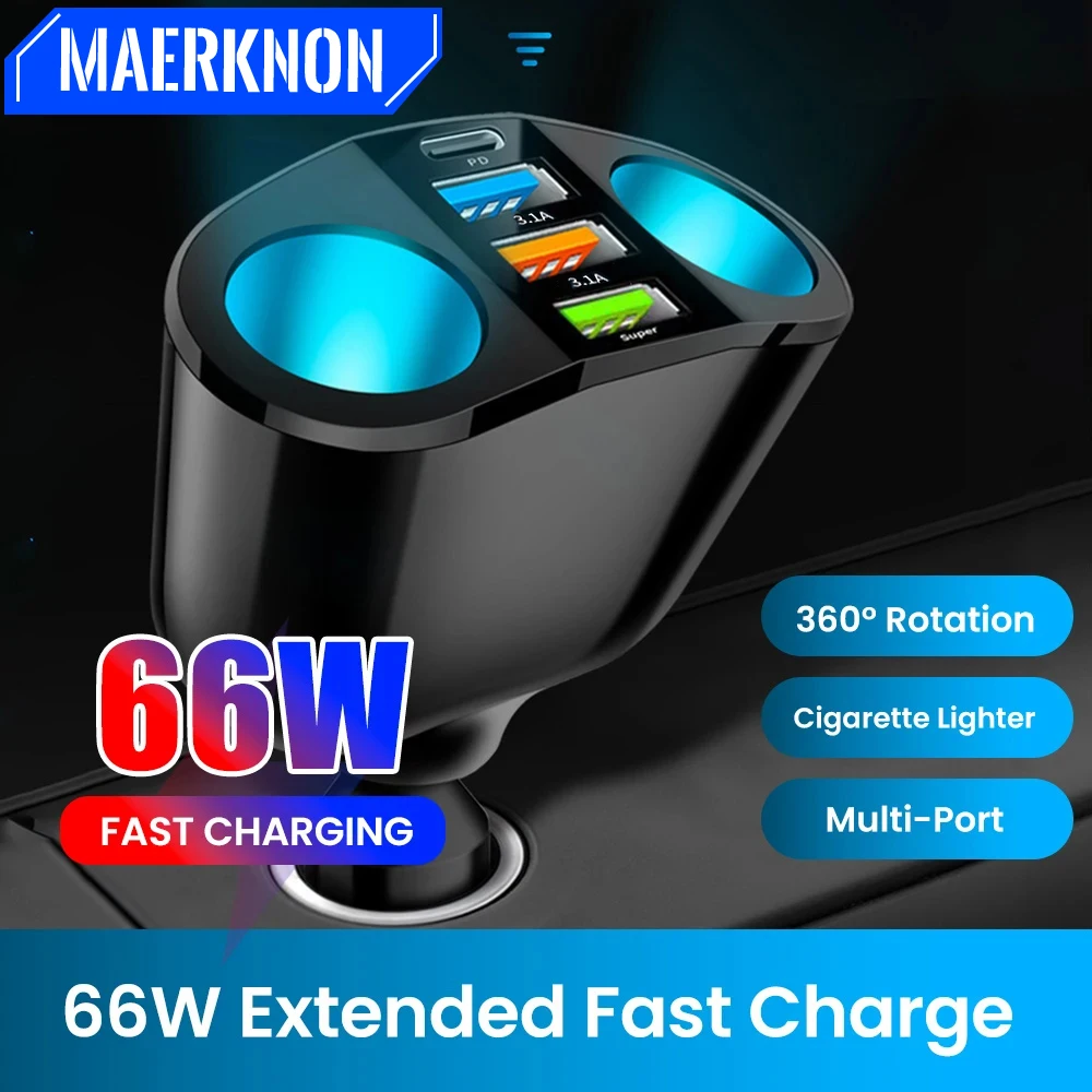 66W 4 Ports Car Charger Fast Charging USB Type C Car Phone Charger For iPhone Xiaomi Samsung Car Cigarette Lighter Power Adapter