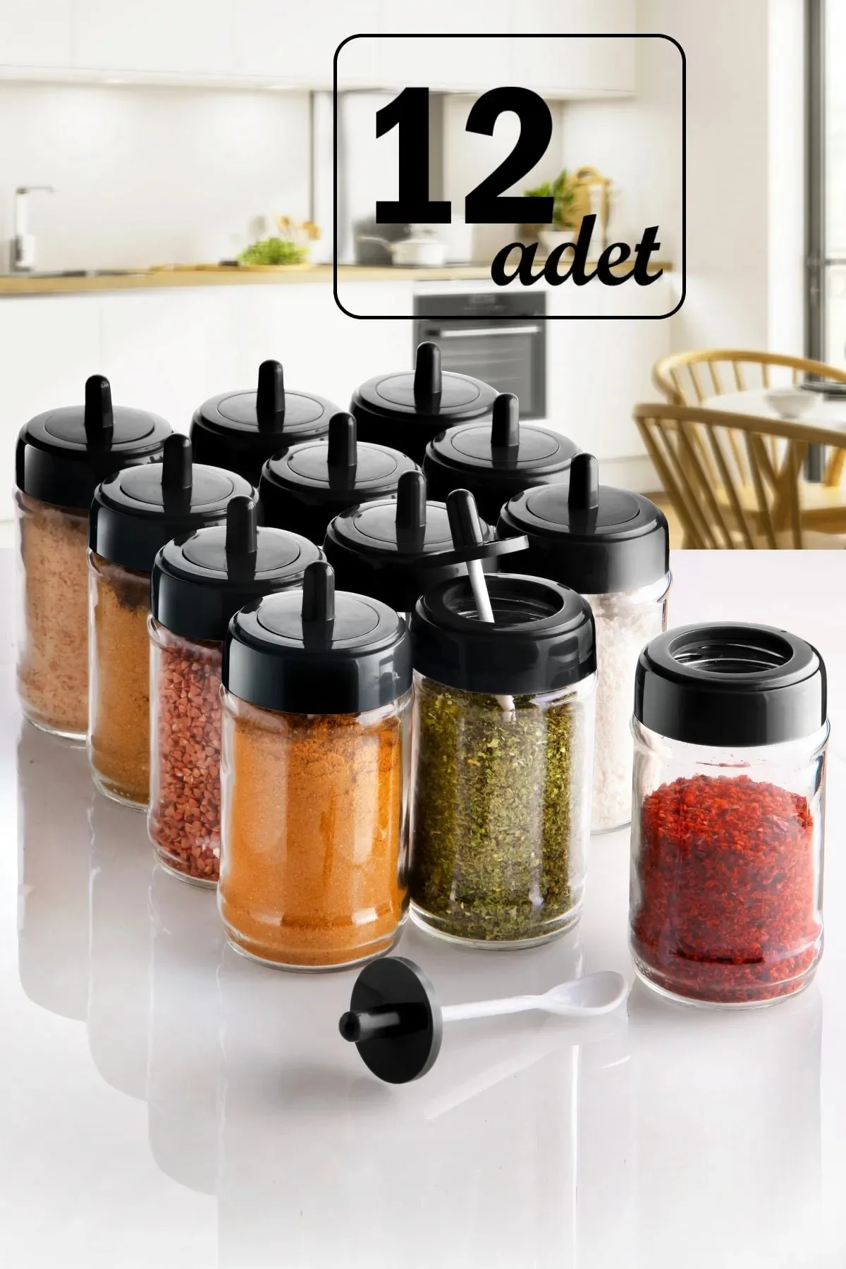 Spice Set with 12 Lids, Self Spoon and Label 300 ml Glass Spice Set with Gold Label