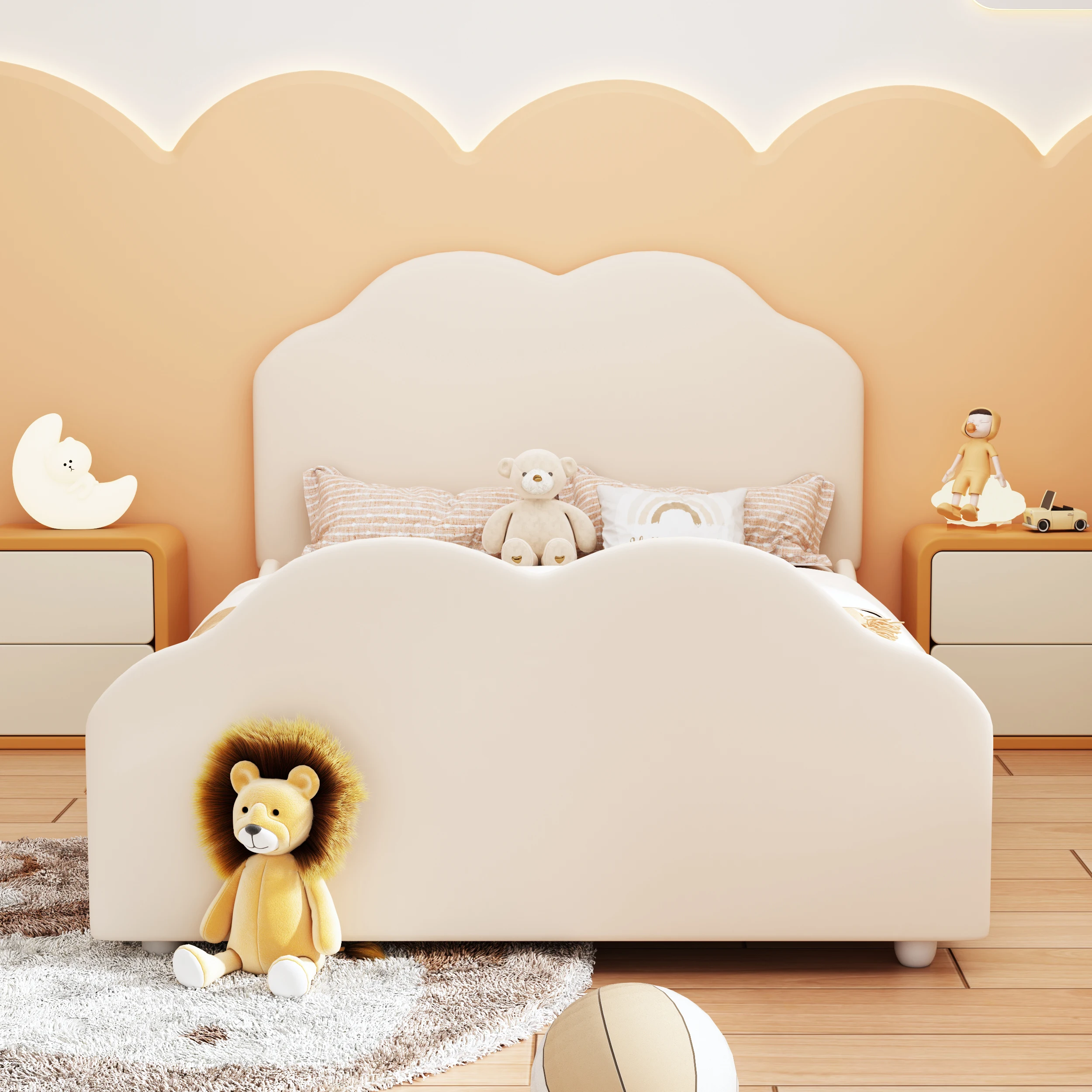 VSOGA Upholstered Bed Children's Bed 90*200cm High Railing Children's Bed Frame With Cloud-shaped Headboard And Footboard