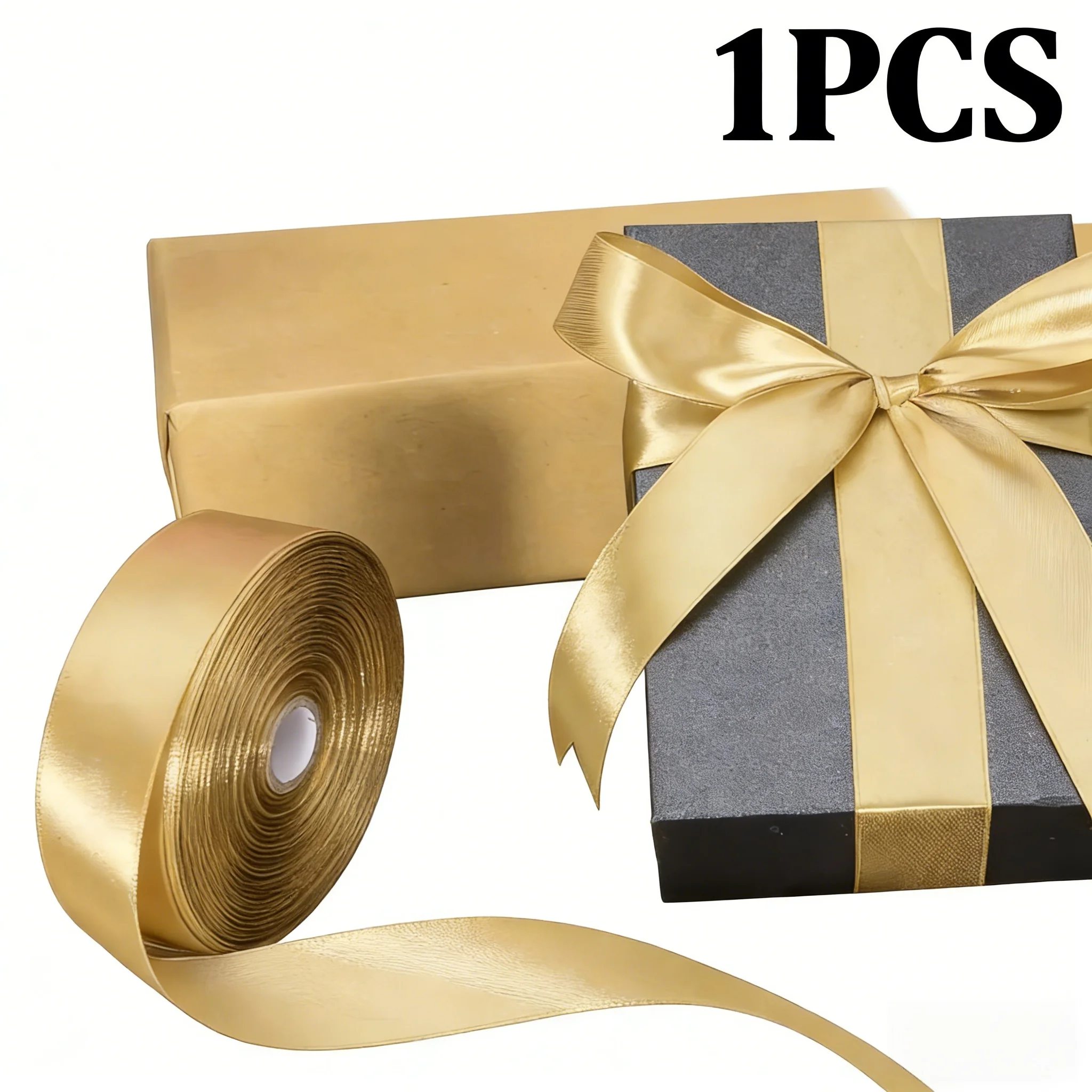 A single roll of smooth and silky gold satin ribbon. Essential for beautiful gift wrapping and party decor.