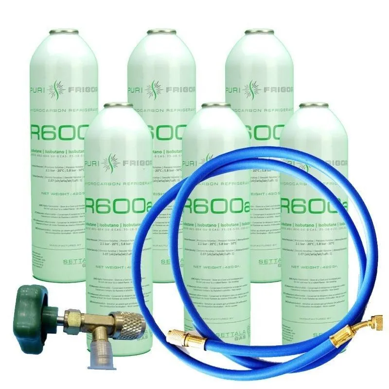 6 bottles refrigerant Gas R600 + hose + valve 420Gr isobutane