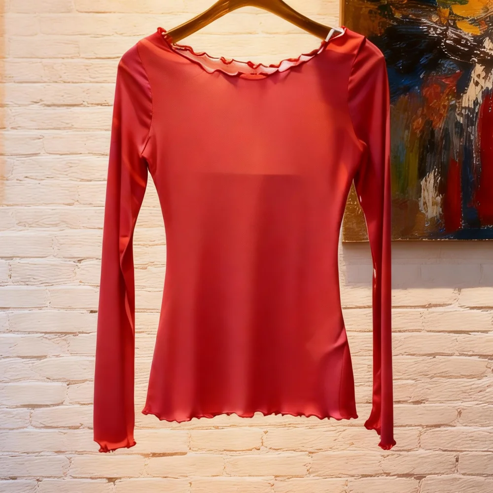 2026 The Detail Soft Ruffle Neck Long Sleeve T-Shirt Slim Fit Pink Basic Tee Women Elegant Casual Streetwear 015