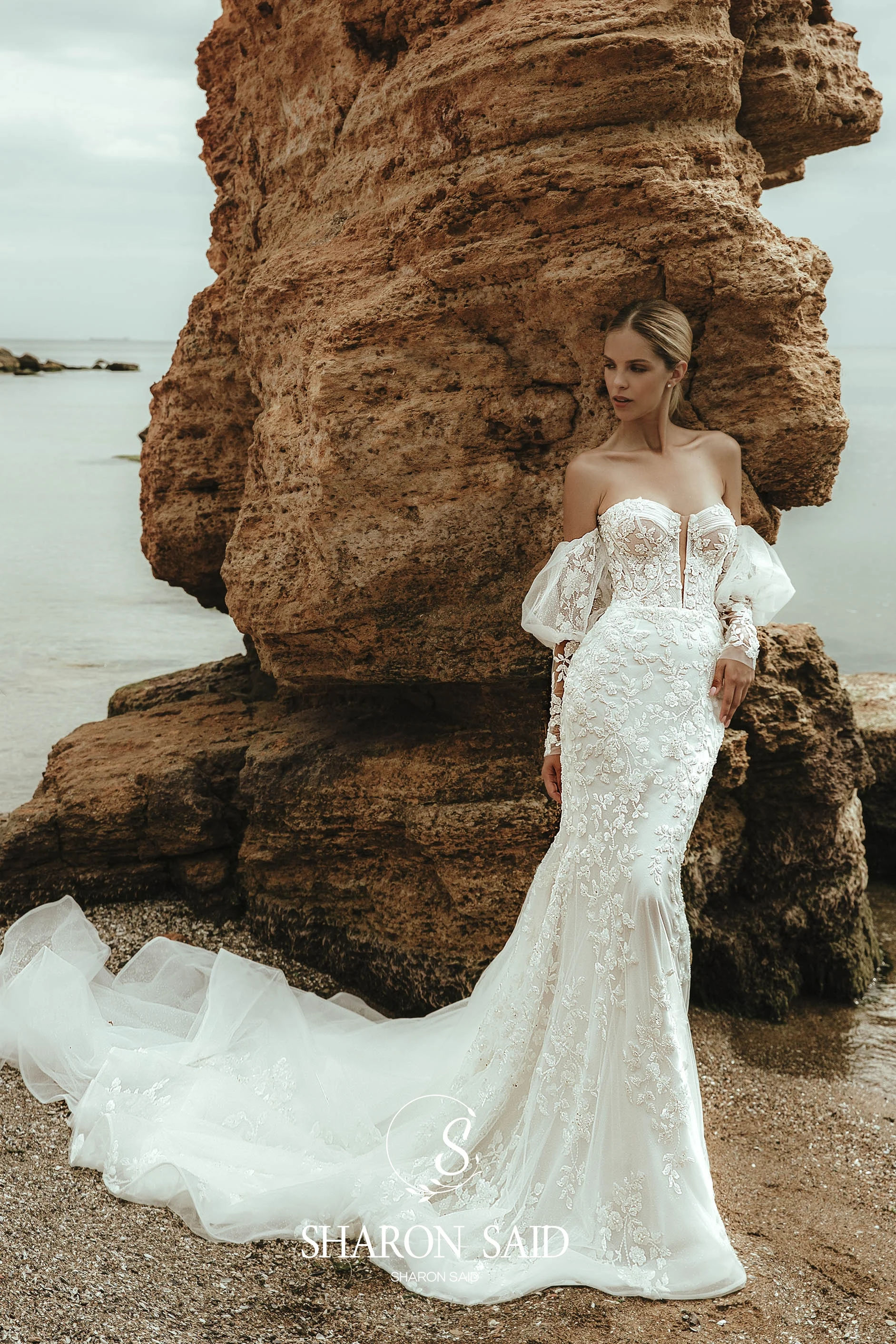 Sharon Said 2025 Modern Sweetheart Sirena Off White Abito da sposa in pizzo Vintage Puff Sleeve Corsetto Abito da sposa SW482 Personalizzato