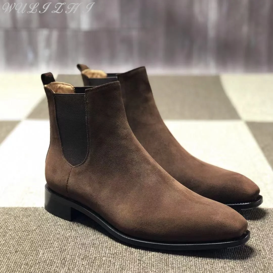 Brown Vintage Low Heel Cowhide Chelsea Men\'s Leather Boots Designer Ankle Boots Handmade Genuine Leather Men Shoes Autumn